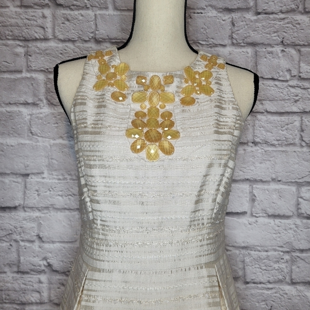 Eliza J Dress Cream Yellow Jeweled Scoop Necline Sleeveless Silk Women's Size M - Picture 4 of 15